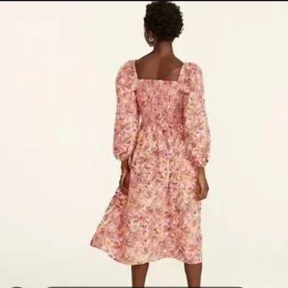 J Crew smocked puff sleeve midi faded floral dress pink brown, S - Picture 2 of 16
